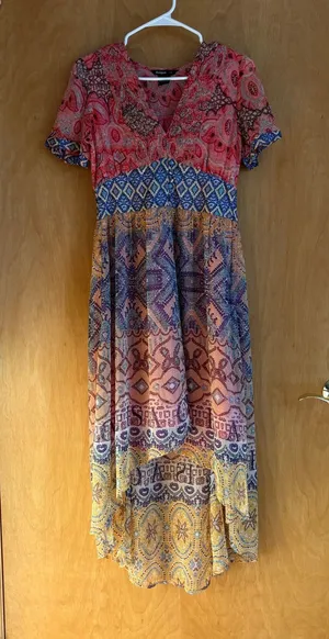 Desigual Maxi Dress Bohemian Paisley Print V Neck Short Sleeve High Low‎ Size 36 thumbnail 1