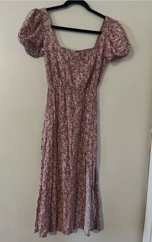 Pink Ditsy Floral Print Smocked Puff Sleeve Cottagecore Midi Dress Small thumbnail 1