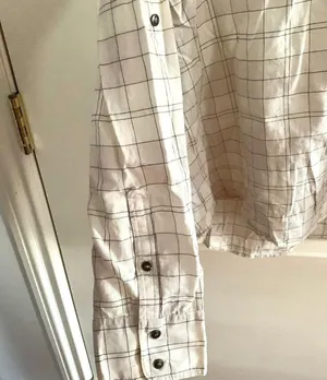 3/$15 Eliot 100% Cotton Windowpane Grid Button Down Blouse in White/Grey thumbnail 3
