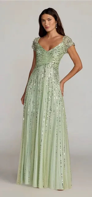 Mac Duggal 23042 Green Sequined Evening Gown With Embellished Shoulders sz 10 thumbnail 1