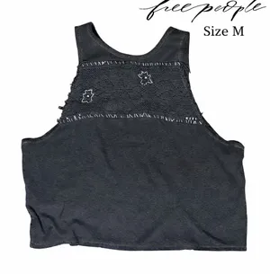Free People We The Free Charcoal Grey Lace Inset Cropped Tank Top Womens Medium thumbnail 1