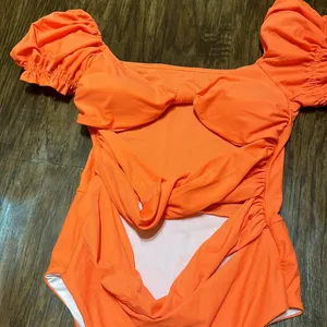 Orange Puff Sleeve One Piece Swimsuit thumbnail 3
