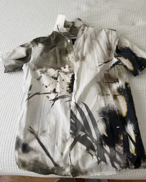 Zara White Short-Sleeve Button Down with Abstract Black and Olive Brushprint thumbnail 1
