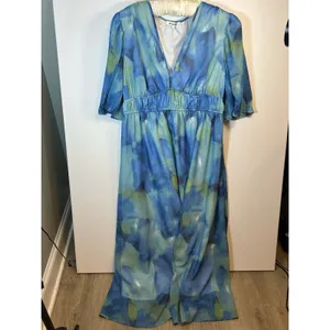 Sissyyaki Women’s XL Blue Green Watercolor Floral V Neck Empire Waist Maxi Dress thumbnail 11