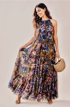 Candalette Petite Floral Mesh Maxi Dress PL Brown Blue Pink Tiered Halter Boho thumbnail 1