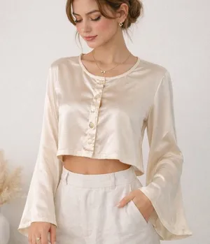 12th Tribe Women’s Top Blouse Satin Bell Sleeve Button Front Ivory Cream Large thumbnail 1