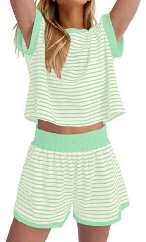 Women’s summer 2 piece lounge sets striped set Green thumbnail 1