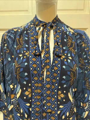 Farm Rio Tropical Magic Blue Patterned Tie-Neck Women’s Dress Size Medium thumbnail 5