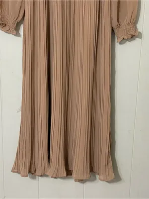 Böhme Pleated Midi Dress Long Sleeve Taupe Smocked Waist Boho Modest Size S thumbnail 3