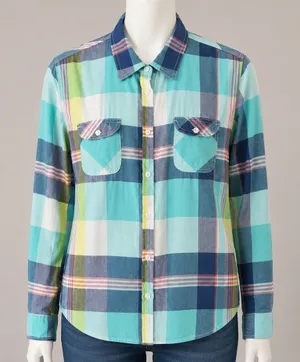 American‎ Eagle Outfitters Teal Plaid Button Down Shirt Womens Large L/G Cotton thumbnail 1