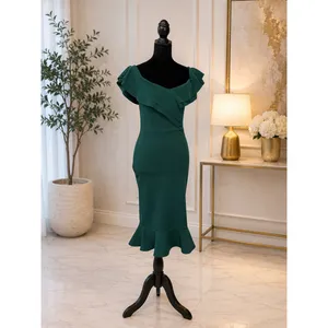 Quiz Emerald Green Off Shoulder Ruffle Mermaid Midi Dress Women's US 6 thumbnail 2