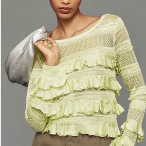 Anthropologie Ruffle Open Knit Sweater Womens Large Lime Green Feminine Coquette thumbnail 2