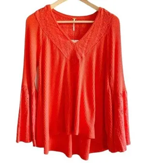 Free People NWT Boho Bell Sleeve Waffle Textured Blouse Orange Parisian Size XS thumbnail 1