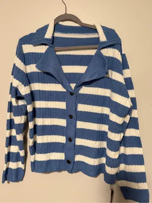 Zaful Blue White Striped Knit Cardigan Collared Button Up Coastal Preppy XL thumbnail 2