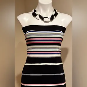 White House Black Market strapless Black Multi Color Stripes Slits Both Side SZ thumbnail 2