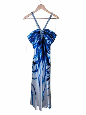 Cache Y2K Rhinestone Halter Blue Abstract Maxi Homecoming/ Prom Dress Size 10 thumbnail 4