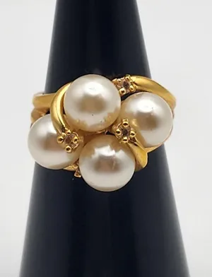 Vintage 14K Gold Electroplated Faux Pearl & Rhinestone Ring (6.25) thumbnail 1