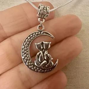 Silver tone cats sitting on moon pendant necklace Silver thumbnail 3