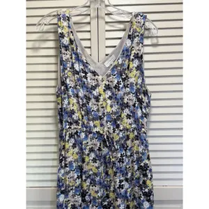 Lucky Brand Floral Elastic/Tie Waist Lined Maxi Dress Size XL V Neck Blue/Yellow thumbnail 2