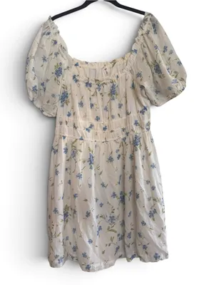Cream Floral Puff-Sleeve BoHo flowery cottage core Dress with Blue Flowers thumbnail 1