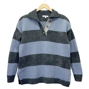 Madewell Rugby Stripe Polo Sweater Charcoal Gray & Blue Stripe Pullover Size XS thumbnail 1