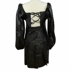 Area Stars Faux Leather Mini Dress Black Long Puff Sleeves Lace Up Square Neck M thumbnail 4