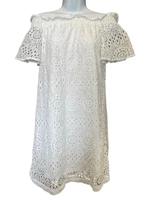 Eyelet Lace Off Shoulder Dress S Ruffle‎ Cottagecore Coastal Grandmother Boho thumbnail 1