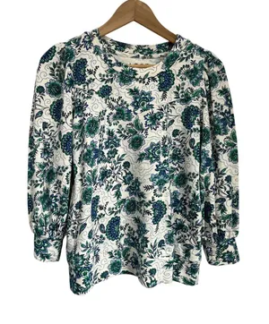 LOFT Green Floral Cotton Top Small Cottagecore Botanical Spring Sweater Shirt‎ thumbnail 1