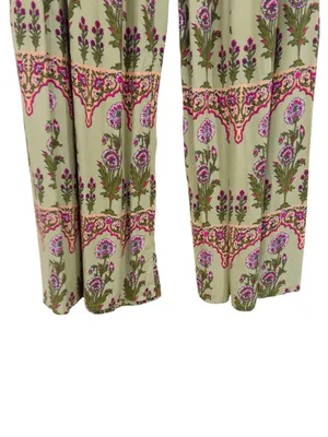 Boho Floral Wide Leg Palazzo Pants Size 38 Sage Green Pink Print Elastic Waist thumbnail 3