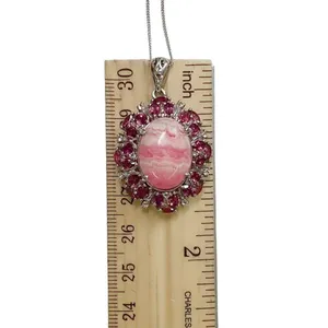 Sterling Silver 925 Oval Rhodochrosite + Rhodolite Pendant Necklace 20" Chain thumbnail 10