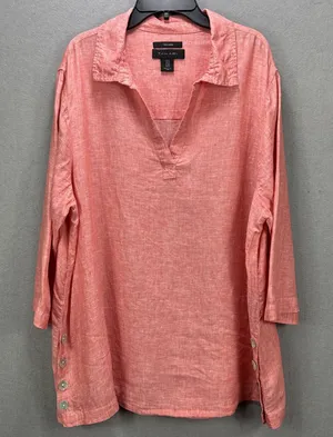 Tahari Top 1X Plus Pink Linen Tunic Side Button 3/4 Sleeve Popover Shirt Coastal thumbnail 1