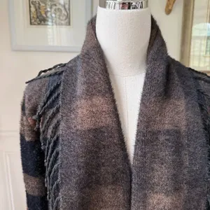Lysse Alice Fringe Cardigan Sweater Coat Brown Black Buffalo Check $198 XXS XS S thumbnail 3