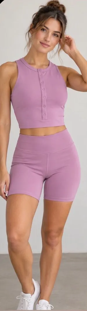 Abercrombie & Fitch YPB Lavender Pink Henley Crop Tank & Biker Shorts Set Small thumbnail 1