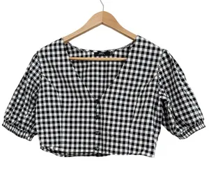 Obey Black/White Checkered Button Down Balloon Short Sleeve Crop Top Cotton sz M thumbnail 1