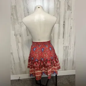 Red Boho Floral Ruffle Skirt Womens Medium Elastic Waist Tiered Mini Skirt thumbnail 3