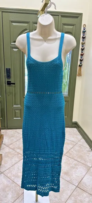 Teal Green Sleeveless Midi Dress – Openwork Crochet Knit | Size M thumbnail 1