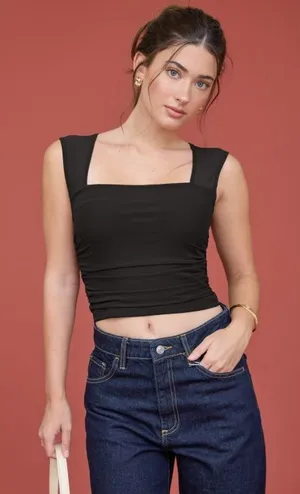 MESH SQUARE NECK RUCHED KNIT CROP TOP Black Size Small thumbnail 1