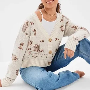 American Eagle Women's Cream and Brown Cardigan Size XS thumbnail 3