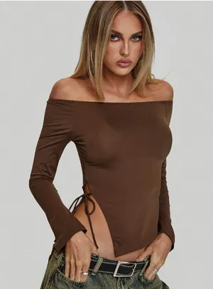 Brown Off The Shoulder Top Princess Polly thumbnail 1