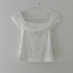 Peppermayo white lace off the shoulder crop top with textured floral embroidery thumbnail 2