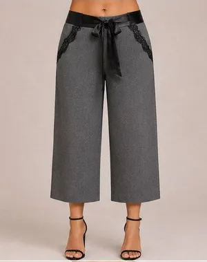 Cache Black Lace Satin Self Belt Gray Bi Stretch Crop Pant New $118 NWT Size 10 thumbnail 1