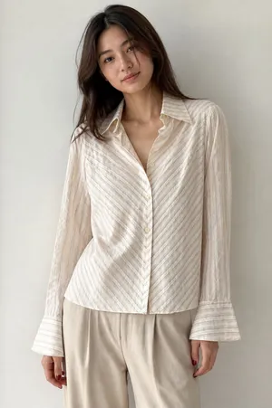 Moosaya Striped Button Down Shirt Large Brown thumbnail 1