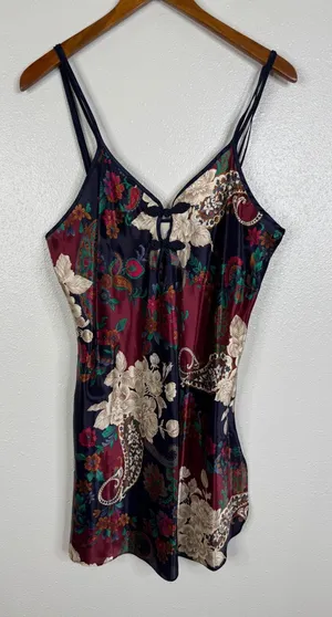 California Dynasty Vintage Floral Paisley Satin Chemise Nightgown Navy Burgundy thumbnail 1