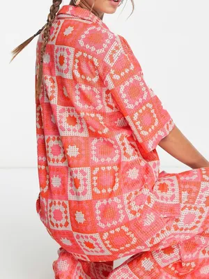Damson Madder Bessie Wave Crochet Short Sleeve Co-ord Shirt Pink Orange 6 $136 thumbnail 4