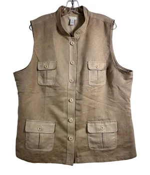 Chicos Tan‎ Faux Suede Perforated Button Front Utility Vest Mock Neck Size 3 XL thumbnail 1