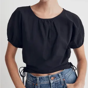 Madewell Embroidered Poplin Puff-Sleeve Cutout Crop Top in True Black NWT thumbnail 5
