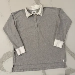 Aerie Cotton Prep Rugby Oversized Polo Long Sleeve Shirt Women’s XS Gray/White thumbnail 1