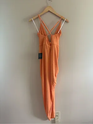 Lulus Dreamy Date Orange Surplice Midi Dress Size Small Sleeveless Sexy Mobwife thumbnail 4