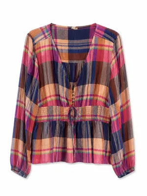 Anthropologie Pilcro Blouse Womens Large Pink Navy Plaid Smocked Waist V-Neck thumbnail 4