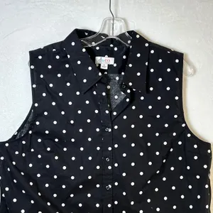 Denim & Company Womens XL Black White Polka Dot Sleeveless Button Down Shirt thumbnail 3